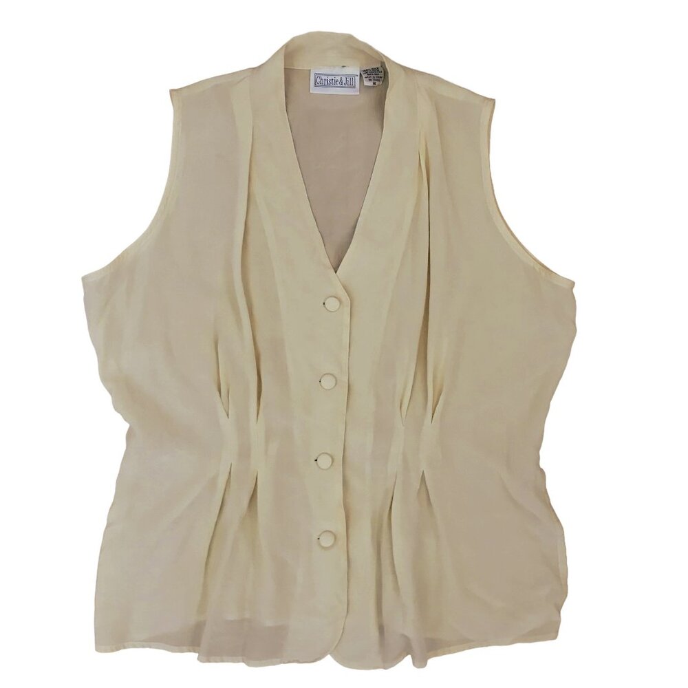 Christie & Jill Collarless V Neck Sleeveless Silk Blouse /w Pleated Detail